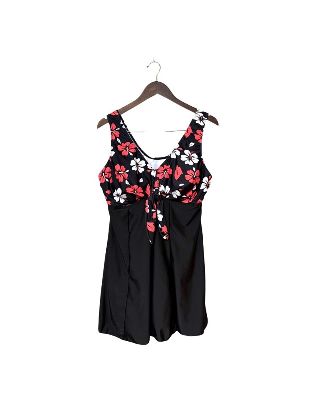 Floral Black Sleeveless Swimdress Red & White Hibiscus Print Womens Swimwear 4XL